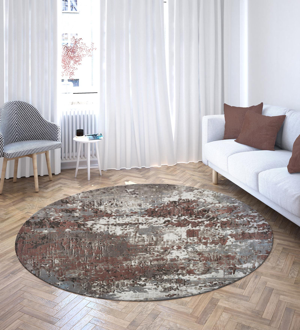 Flamme Abstract Round Shaped Carpet Cream and Rust