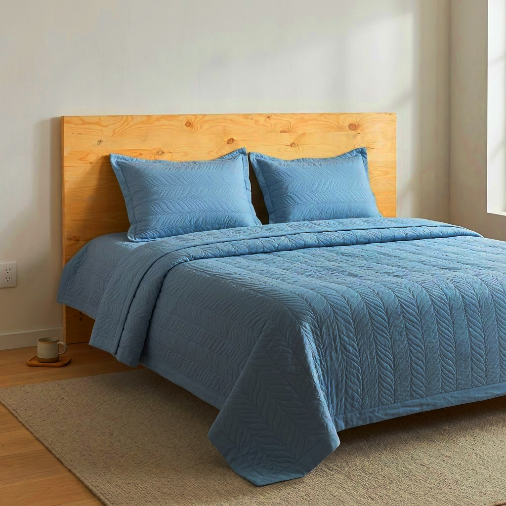 Leaf Design Grey Blue Bed Cover