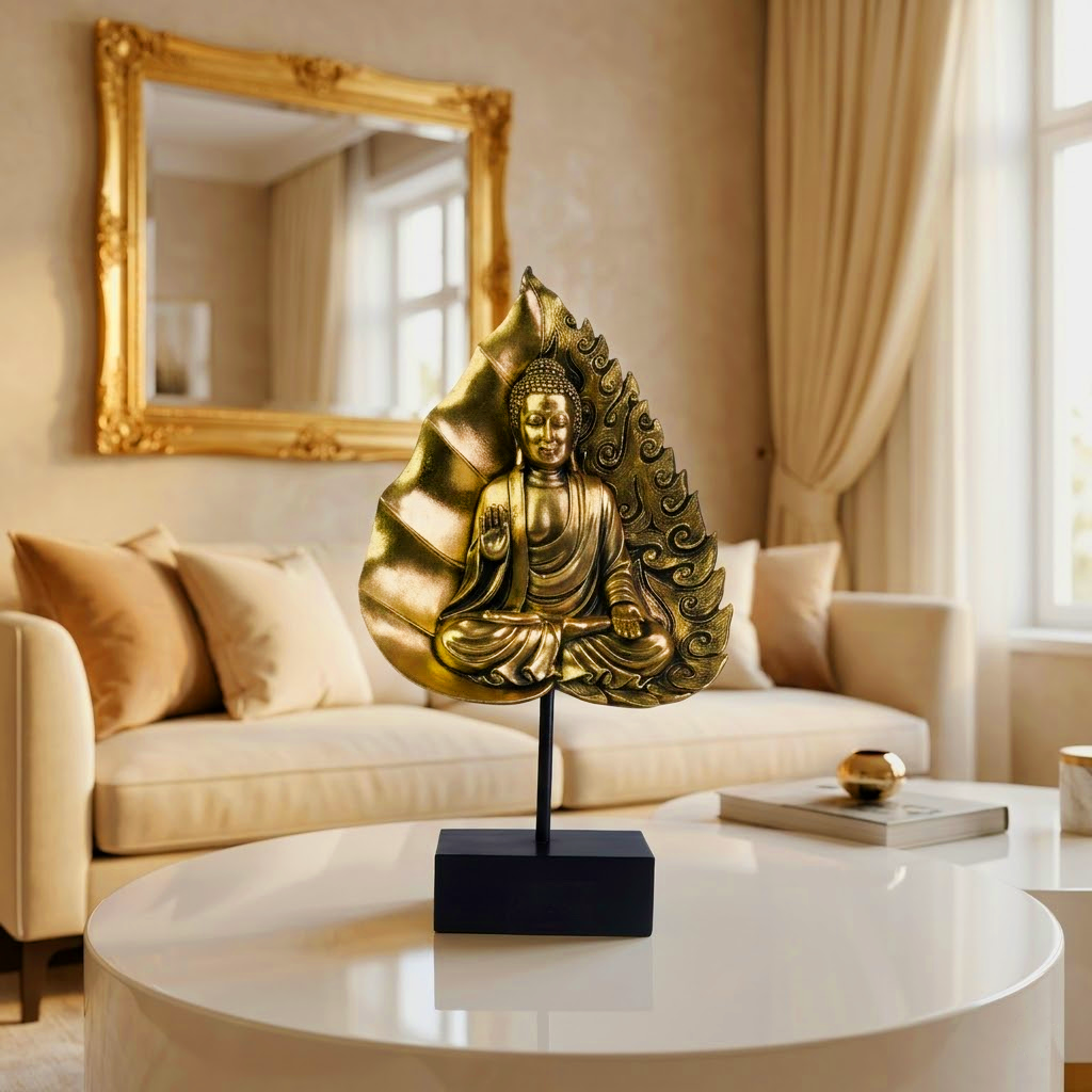 Meditative Gautam Buddha on Bodhi Leaf Silhouette Sculptural Decor