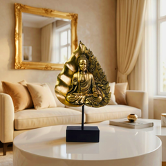 Meditative Gautam Buddha on Bodhi Leaf Silhouette Sculptural Decor