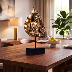 Meditative Gautam Buddha on Bodhi Leaf Silhouette Sculptural Decor