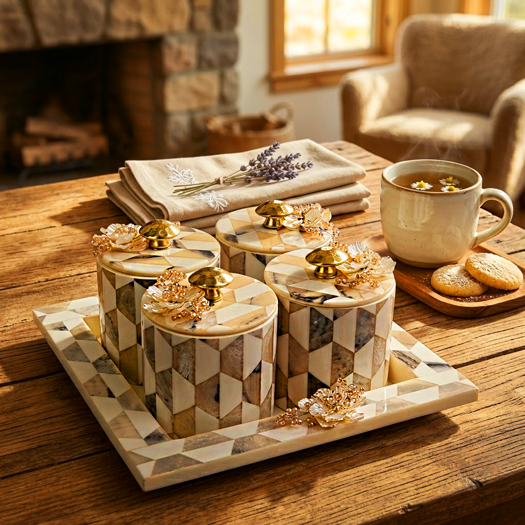 White Serving Tray with 4 Jar