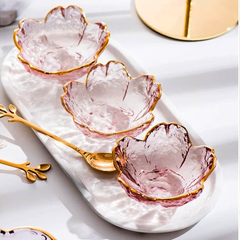 Pink Glass Flower Bowl & Tray Set with Spoon