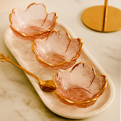 Pink Glass Flower Bowl & Tray Set with Spoon