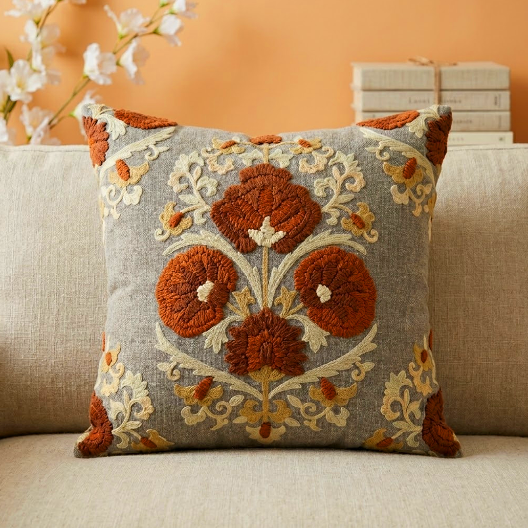 Verdant Bloom Aari Cushion Cover